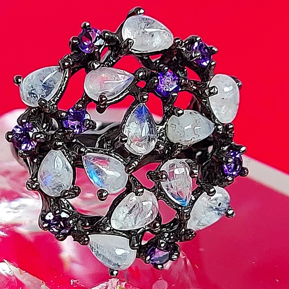 Natural Moonstone & Amethyst 925 Sterling Silver Ring Sz 7 - Picture 3 of 8